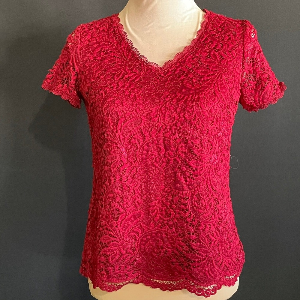 Roz & Ali Lace Blouse Womens PS Red Excellent V-Neck Short Sleeve Lined Top